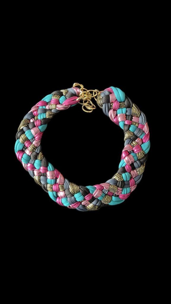 Choker artesanal · Turquesa, rosa, grafito y dorado